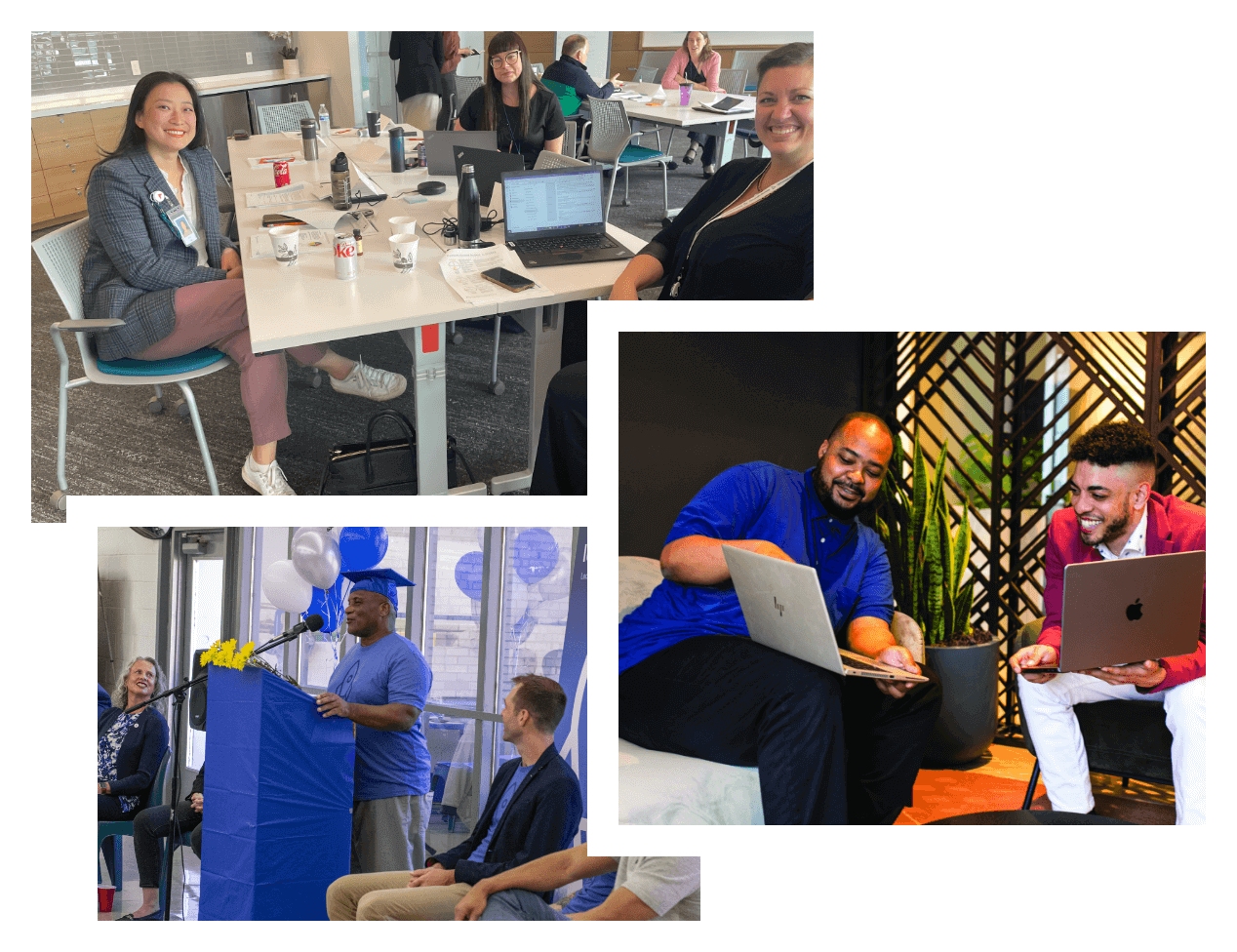 A composite of 3 images. In the first, 3 members of the Education Philanthropy team sit at at table smiling. In the second two men sitting are sharing the content on their laptops together. In the third image a man is standing in front of blue balloons at a blue podium in a blue shirt and graduation cap speaking into a microphone